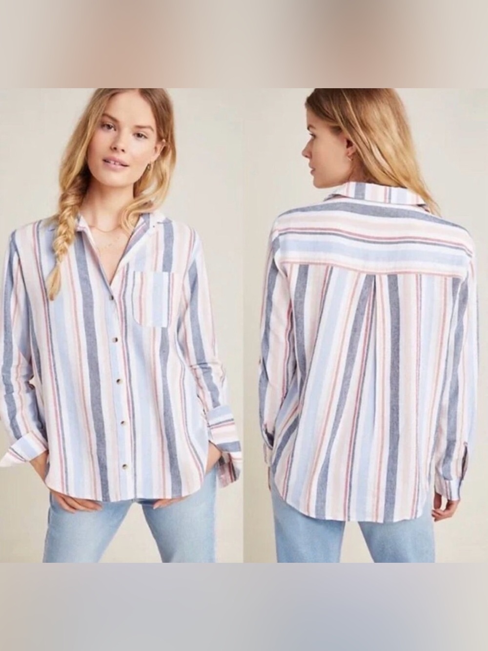 Anthropologie Maeve Striped Button-Up in Blue, Pink,White Large Cotton Linen Mix - Picture 2 of 8